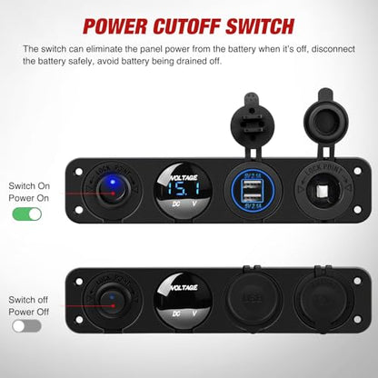 Nilight 4 in 1 Outlet Socket Panel 12V DC 4.8A Dual USB 12 Volt Cigarette Lighter LED Voltmeter ON Off Rocker Toggle Switch for Marine Boat Truck Car - color: 4 in 1 Blue