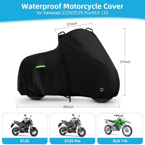 Motorcycle Cover for Kawasaki Z125/Z125 Pro/KLX 110, Heavy Duty Outdoor Sun UV Rain Dust Waterproof All Weather Protection Windproof Motorbike Cover with Soft Cotton Lining & Lock Hole-Black - size: Z125 Pro