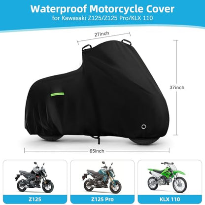 Motorcycle Cover for Kawasaki Z125/Z125 Pro/KLX 110, Heavy Duty Outdoor Sun UV Rain Dust Waterproof All Weather Protection Windproof Motorbike Cover with Soft Cotton Lining & Lock Hole-Black - size: Z125 Pro