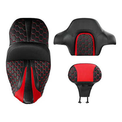 C.C. RIDER Gel Seat Driver Passenger Seat and Driver+ Tour Trunk Backrests Fit For Harley Touring 2014-2023 Street Glide Road Glide Road King Electra Glide,Red Hexagon - color: 23# Gel Red+ 2 Backrests