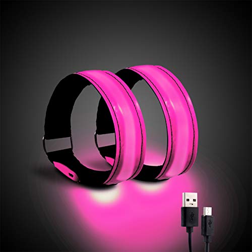 2 Pack Rechargeable LED Reflective Armband, High Brightness High Visibility Night Safety Light Band, Wearable Flashing LED Gear for Running, Walking, Biking and Outdoor Activities - color: L Pink