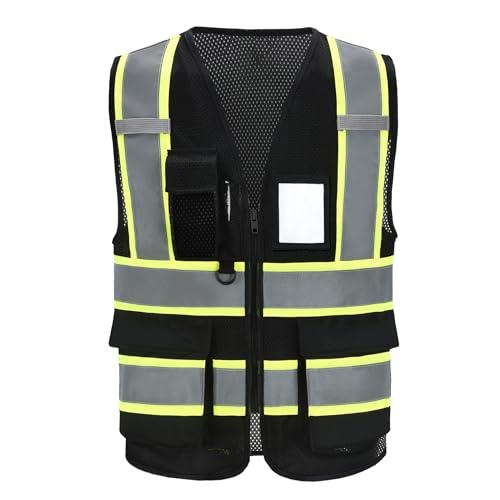 A-SAFETY Mesh High Vis Vest Lightweight Reflective Construction Vest with Pockets Safety Vest for Men/Women - color: Black, size: Medium