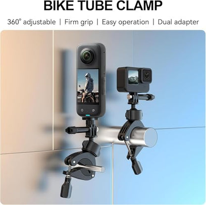 Adaptom Bike Mount+Phone Holder, 360 Rotation Camera Bicycle Motorcycle Rearview Mirror Tube Clamp for GoPro Max Hero 12 11 10 9 8 Insta360 DJI Action Accessories