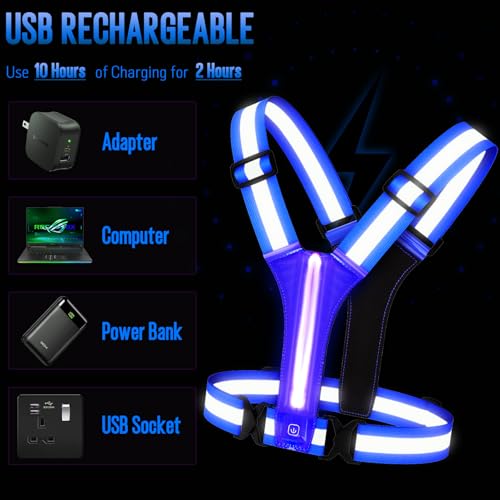 LED Rechargeable Reflective Vest with 11hrs Runtime, Light Up Safety Gear for Night Running Walking Cycling, USB Rechargeable - color: Blue