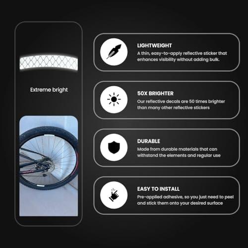 ReflecToes 720 Reflective Wheel Rim Stickers - 16 Pcs Reflective Decals, 720+ Candle Power Wheel Reflectors for Bike - High-Intensity Retroreflective Rim Tape - style: Wheel Rim 720
