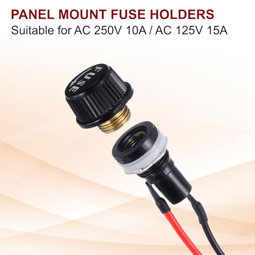 MECCANIXITY 5Pcs Panel Mount Fuse Holder 5x20mm AC 250V 10A/AC 125V 15A Screw Cap Fuse Holders with Pre-Soldered Wires,Round Shape Port - size: 5x20mm