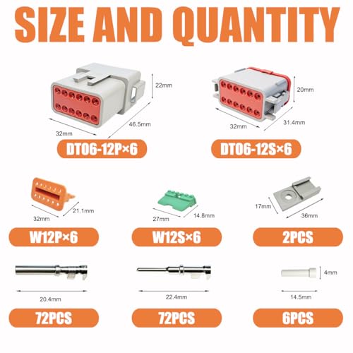 176PCS 12 Pin Way Deutsch DT Gray Connector 6 Set,Size 16 Stamped Contacts 14-20AWG Waterproof Electrical Wire Connector with Seal Plug for Truck, Off-Road Vehicles, Marine, Motorcycle Wiring - size: 12 Pin (6set)