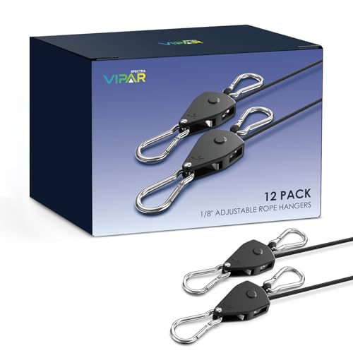 VIPARSPECTRA Retractable Heavy Duty Ratchet Tie Down Straps [12 Pack, 8ft, 75lbs/Pack], Rope Pulley System with Carabiner Hook Rope Adjuster for Hanging Plants/Grow Light/Tents Various Tie-Down Uses - size: 1/8" 12-Pack