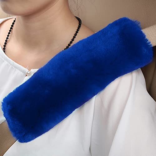 OGLAND Genuine Sheepskin Soft Fuzzy Car Seat Belt Should Pad, Soft Fluffy Seatbelt Strap Covers for Neck Cushion Protector Car Accessories(1pcs/Blue) - color: Blue