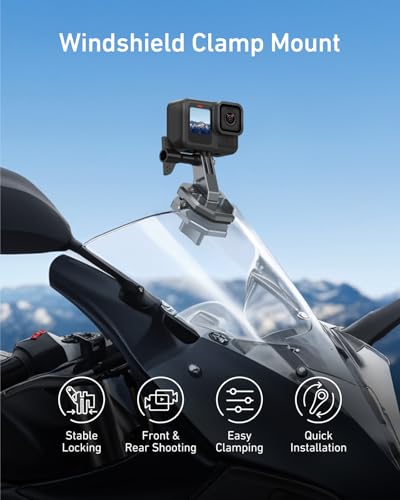 Motorcycle Windshield Clip Camera Mount, Quick Release Motorbike Windscreen Clamp for DJI Action 6/5/4/3, GoPro Mission 1 PRO, Hero 13/12/11/10, Insta360 Luna Ultra, Insta360 X5 X4, Xtra Muse