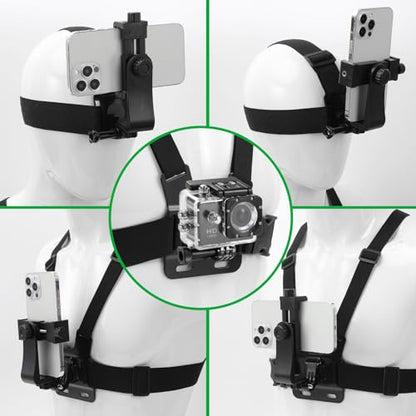 Mobile Phone Chest Strap Harness Mount Head Strap Holder Kit for POV/VLOG,Cell Phone Clip Compatible with iPhone,Samsung,GoPro Hero 9, 8,7, 6, 5, 4, 3,2, 1,AKASO,DJI Osmo,and Action Cameras…