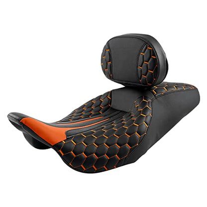 C.C. RIDER Motorcycle Seat Driver Passenger Touring Seat with Backrests for Harley Davison Electra Glide Classic Street Glide Road Glide 2009-2023 - color: Black Orange Seat + Rider Backrest