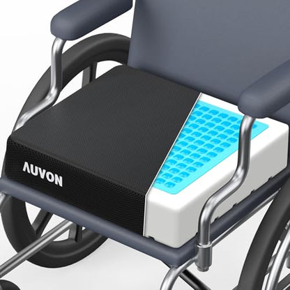 AUVON Cooling Gel Wheelchair Seat Cushion for Long Sitting, Memory Foam Seat Cushion for Tailbone & Back & Sciatica Relief, Breathable Chair Cushion with Strap for Car, Office, Home, Anti-Slip