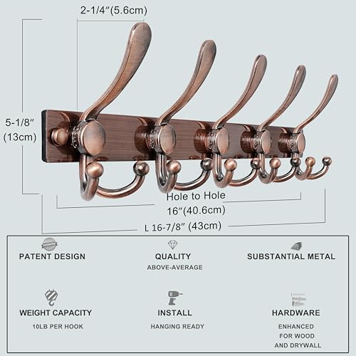 Dseap Coat Rack Wall Mount, Heavy Duty 12-Gauge Base vs Flimsy 1mm, Double-Thick Solid Anti-Snap Hooks, 16” Stud-Mount,Stainless Steel Hanger for Clothes Hat Entryway Closet, Antique Copper,Pack of 2 - color: Antique Copper, size: L=17" (2pcs)