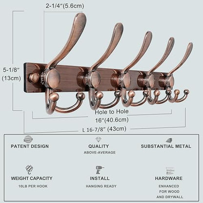 Dseap Coat Rack Wall Mount, Heavy Duty 12-Gauge Base vs Flimsy 1mm, Double-Thick Solid Anti-Snap Hooks, 16” Stud-Mount,Stainless Steel Hanger for Clothes Hat Entryway Closet, Antique Copper,Pack of 2 - color: Antique Copper, size: L=17" (2pcs)