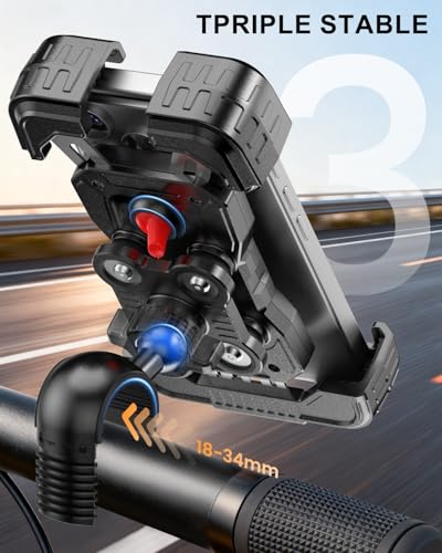 Motorcycle Phone Mount with Vibration Dampener, Bike Phone Holder Handlebar Clamp, 1s Lock Scooter Phone Clip for iPhone 17 16 Pro Max, Galaxy S25 Ultra, 4.7"-7.2" (Knob Base) - color: Knob Base