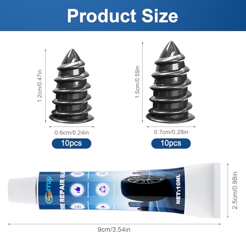 Carrep Tire Repair Rubber Nails Kit, 20 PCS Screw in Tire Plug kit with 2 Sizes, Portable Emergency Tubeless Flat Tire Repair Kit for Cars, SUVs, Motorcycles and ATVs (10S+10L+1X10ML) - size: 10S+10L+1X10ML