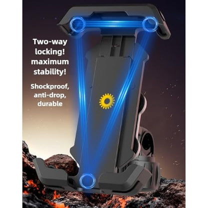 Premium Motorcycle Phone Mount with Anti-Shake Silicone Shock Absorber, 360° Rotation, Four-Corner Protection, One-Click Lock System, Tool-Free Installation for Bikes and Scooters