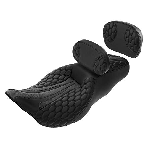 Rider Seat Cushion,Driver Passenger Seat - One-Piece 2-Up Sissy Bar Backrest Set Pad Fit for 14-23 Harley Touring Road King Street Glide Electra Glide Road Glide Hexagon Scorched Orange Stitching - color: Black + 2 Backrest Pad