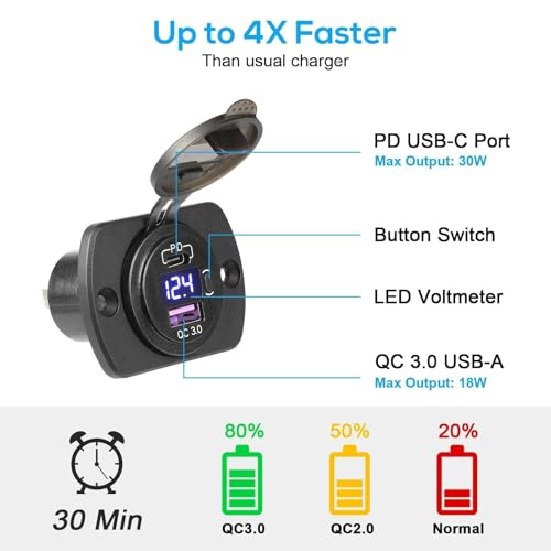 Linkstyle 12V USB Outlet, 30W PD Port & 18W QC3.0 USB A Port Charger Socket with Button & LED Voltmeter for Car Boat Motorcycle RV