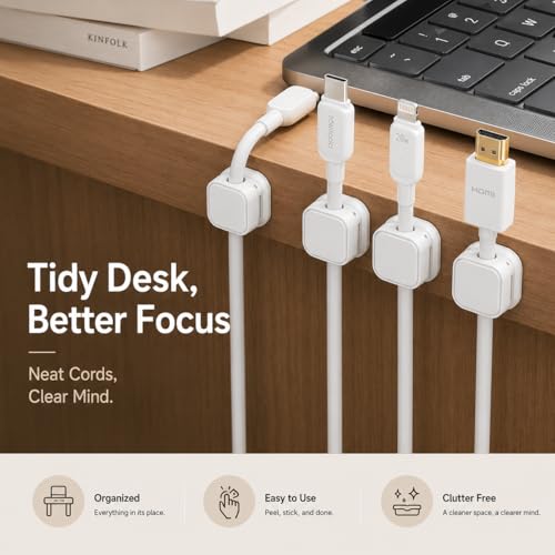 nyareka18-Pack Adhesive Cable Organizer Clips for Desk, White | Strong acrylic adhesive, One-hand spring lock, Compact keycap design, Residue-free removal, Black & White options - color: White