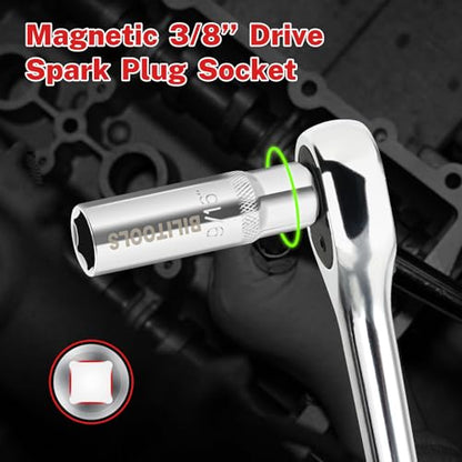 BILITOOLS 9/16" Magnetic Spark Plug Socket, 3/8-Inch Drive, 6-Point, CR-V Steel for Easy Spark Plug Removal and Installation - size: 9/16'' Magnetic