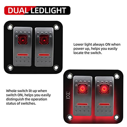 FXC Rocker Switch Aluminum Panel 2 Gang Toggle Switches Dash 5 Pin ON/Off 2 LED Backlit for Boat Car Marine Red - color: 2Gang Red, size: 2 Gang