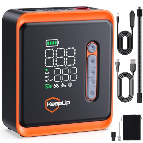Tire Inflator Portable Air Compressor - KEEPUP 150 PSI Cordless Air Pump with Rechargeable Battery for Car Tires Ebike Motorcycles Bicycles Balls with Tire Gauge Pressure, Dual-Use Type - color: Orange