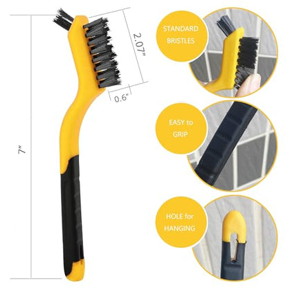 Wire Brush Set 3Pcs, Nylon/Brass/Stainless Steel Bristles with Curved Handle Grip for Cleaning with Curved Handle Grip for Rust Removal, Dirt, Paint Scrubbing Yellow - color: 3 PCS YELLOW