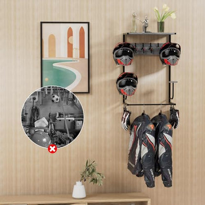 Motorcycle Helmet Holder Wall Mounted, Helmet Holder Wall Mount with Helmet Rack, 4 Glove Chips and 4 hooks, Rustic Helmet Holder and Motorcycle Helmet Rack for Most of Helmet and Clothes (Grey) - color: Grey