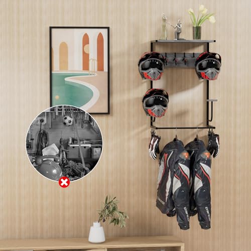 Motorcycle Helmet Holder Wall Mounted, Helmet Holder Wall Mount with Helmet Rack, 4 Glove Chips and 4 hooks, Rustic Helmet Holder and Motorcycle Helmet Rack for Most of Helmet and Clothes (Grey) - color: Grey