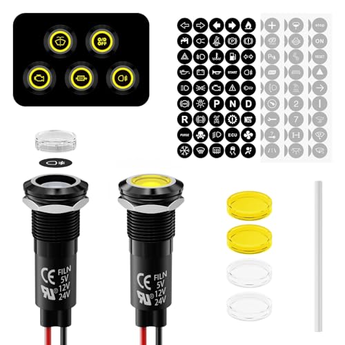 2Pcs LED Indicator Light Metal 180 Symbols 12V 24V Compatible 12mm Mounting Hole IP67 Waterproof Rating Ideal for DIY,Car, Boat, Motorcycle Dashboard Indicator Lights (Yellow LED Light) - color: 12mm-Yellow Light-2PCS