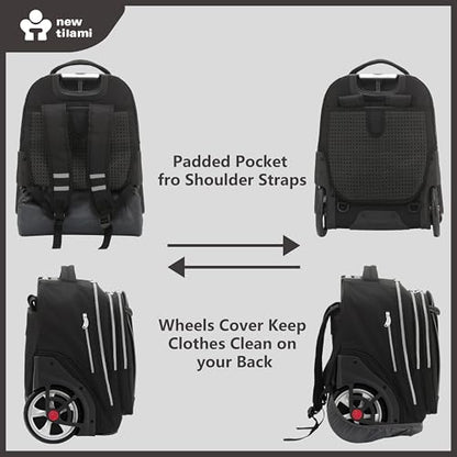 NEW TILAMI 20" Rolling Backpack for Teens Adults, Climbing Stairs Waterproof Backpack with Wheels for School Business Trave Camping with Laptop Compartment, Fit 17 Inch Laptop, Black - color: Black