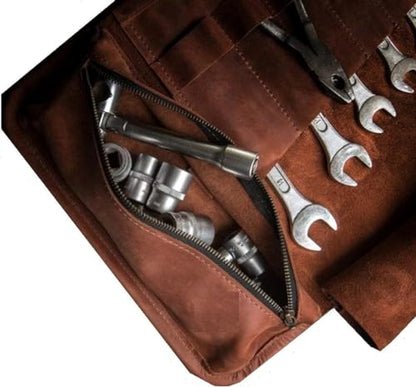 DarkRabbit Leather Roll up Tool Bag, 17 Pcs Tool Organizer, Motorcycle Tool Roll Bag, Motorbike Saddlebag, Wrench Organizer, Storage Accessory Pouch, Biker Essentials (Brown)
