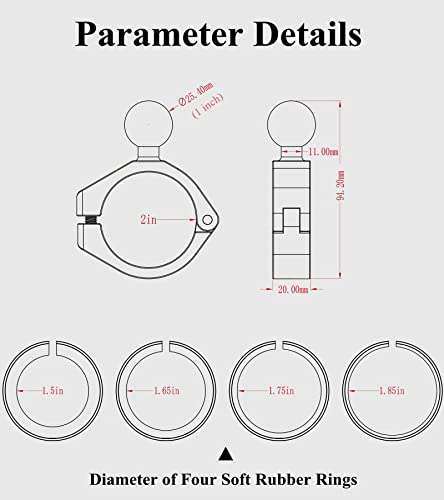 BRCOVAN Aluminum Alloy Large Bar Clamp Mount Base with 1'' TPU Ball | Fit 1.5'' / 1.65'' / 1.75'' / 1.85'' / 2'' Diameter Round Rails, Fit for RAM Mounts B Size 1 Inch Ball Double Socket Arm