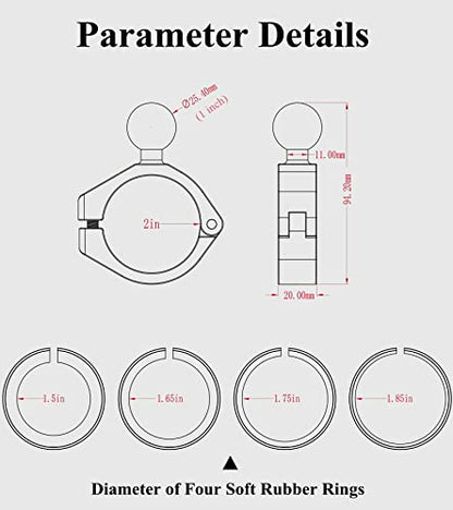 BRCOVAN Aluminum Alloy Large Bar Clamp Mount Base with 1'' TPU Ball | Fit 1.5'' / 1.65'' / 1.75'' / 1.85'' / 2'' Diameter Round Rails, Fit for RAM Mounts B Size 1 Inch Ball Double Socket Arm