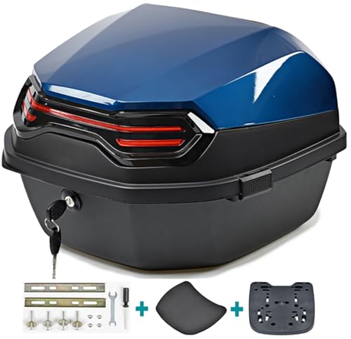 Universal Motorbike Top Cases, Motorcycle Tour Tail Box Scooter Moped Trunk Luggage Top Case for Helmet Storage, Lockable Waterproof Carrier Hard Plastic Case,Blue - color: Blue