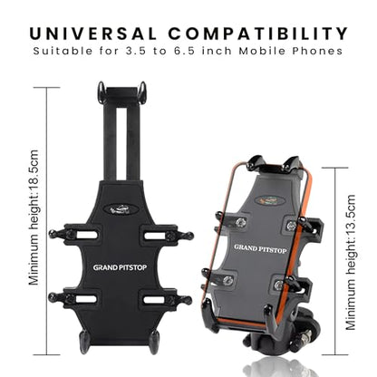 GRAND PITSTOP Motorcycle Phone Mount Holder with 8 Clamps 100mph Military Anti-Shake Bike Phone Holder, 10s Quick Install Handlebar Phone Mount, Compatible with iPhone, Samsung, All Phones (Black)