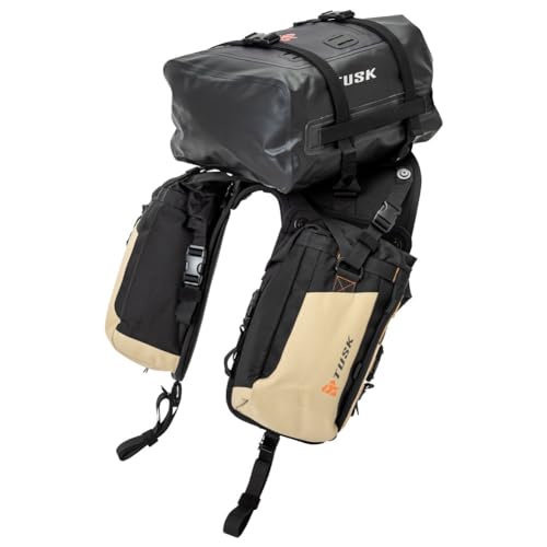 TUSK Excursion Rackless Luggage System w/Small Dry Duffel Tail Bag Standard Heat Shield Black/Tan for Yamaha TENERE 700 2021-2024