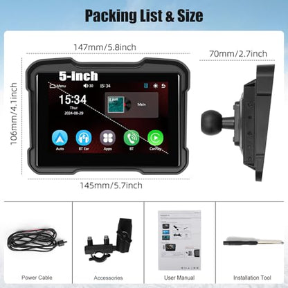 Motorcycle GPS Navigation System with Wireless Carplay Android Auto 5" Moto CarPlay Screen with Dual Bluetooth, Navigation/Siri/G00gle Assistant Waterproof - color: 5 inch