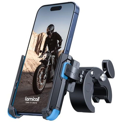 Lamicall Motorcycle Phone Mount Holder - [Camera Friendly] [1s Lock] Bike Phone Holder Handlebar Clamp, Bicycle Scooter Phone Clip, for iPhone Air, 17, 16, 15 Pro Max, Galaxy S25, 4.7-7" Phones, Blue - color: Blue