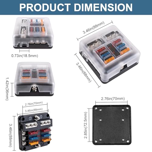 BetyBedy 6 Way Fuse Block, 12V Marine Fuse Box with LED Indicator, Automotive 6-Circuit Blade Fuse Block with Waterproof Cover for RV Motorcycle Boat Vehicle, 12PCS Fuses ＆ Tip Stickers Included - style: 6-Way
