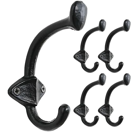 Dseap Cast Iron Wall Hooks L=5”, Heavy Duty Coat Hooks, Rustic Vintage Farmhouse Hook for Hanging Winter Coats Jackets Towels Hats Bags Plants, Antique Black, Pack of 5 (ShieldBold) - color: Black, size: L=5" (Pack of 5)