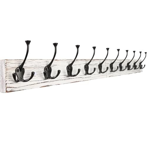 IBosins 34'' Coat Rack Wall Mount with 10 Tri-Hooks, Heavy Duty, Vintage White Color Wood Coat Hanger, Rustic Coat Hooks Rail for Entryway Living Room Coat Scarf Bag Towel Hat - color: Old White Plate & Black Tri-Hook, size: 1 Item-10 Hooks