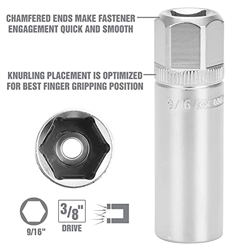 OEMTOOLS 22880 9/16" Magnetic Spark Plug Socket, 3/8" Drive, Alloy Steel, Magnetic Retention, Chrome Finish, For Domestic Vehicles, Easy ID Markings, Knurled Grip - style: 9/16 inch