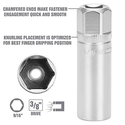 OEMTOOLS 22880 9/16" Magnetic Spark Plug Socket, 3/8" Drive, Alloy Steel, Magnetic Retention, Chrome Finish, For Domestic Vehicles, Easy ID Markings, Knurled Grip - style: 9/16 inch