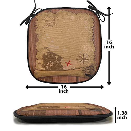 Lunarable Island Map Chair Cushion Pad, Pirate Scroll Map Cartography Dangerous Fantasy Theme Nautical Skull X Marks Spot, Seat Padding for Kitchen & Patio with Anti-Slip Backing, 16"x16", Brown Tan - color: Brown Tan, size: Pack of 1
