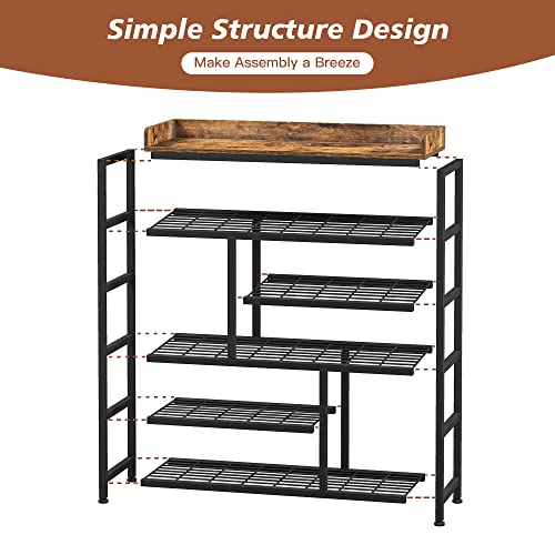 EnHomee Shoe Rack for Entryway, 6 Tier Shoe Organizer with Adjustable Shelves, 22 Pairs, Shoe Shelf with Wooden Top and Side Pocket for Closet, Entryway, Living Room, Rustic Brown & Black