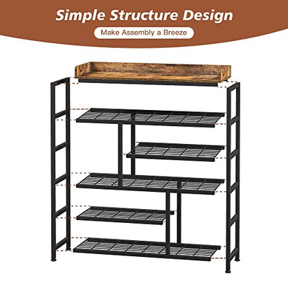 EnHomee Shoe Rack for Entryway, 6 Tier Shoe Organizer with Adjustable Shelves, 22 Pairs, Shoe Shelf with Wooden Top and Side Pocket for Closet, Entryway, Living Room, Rustic Brown & Black