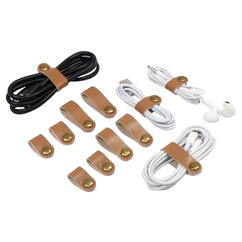 Coideal Leather Cable Ties Organizer, 20 Pcs Earphone Cable Straps Reusable USB Cord Keeper with Snap Cord Clips Holder for Phone (Short + Long, Brown) - color: Brown